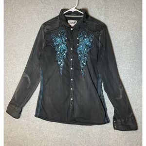 Roar Top Womens XL Embroider Pearl Snap Fading Distressing Bling Cowgirl Western